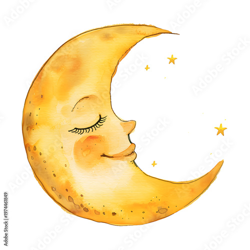 Cute crescent moon with sleeping face and stars