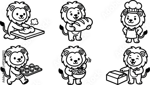 Black and white lion baking bread cupcakes and wearing chef hat vector art