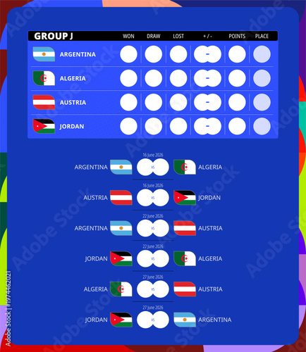 Global competition featuring Group J standings table and fixture list for Argentina, Algeria, Austria, Jordan.