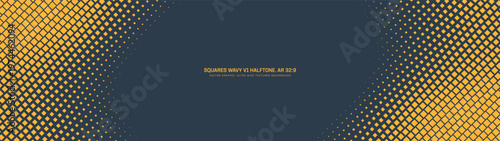 Square wavy grid halftone pattern fluid frame ultra wide 32:9 aspect ratio vector yellow black abstract background. Half tone graphical texture panoramic ultrawide format retro futuristic abstraction