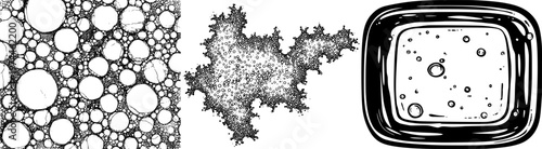 The image depicts a detailed black-and-white illustration of bubble chamber particle track patterns, characterized by sharp outlines against a solid white background, rendered in a monochrome