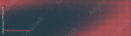 Triangles grid halftone serrated pattern angular elliptical border ultra wide 32:9 aspect ratio red black vector abstract background. Half tone ultrawide format retro futuristic style 80s abstraction