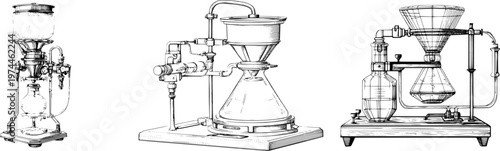 A detailed black-and-white illustration of a Buchner funnel setup with intricate line art, featuring a vacuum flask, isolated on a pure white background, showcasing sharp contrast and clean