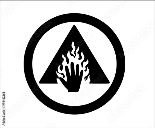 The hazardous warning sign depicts a hand engulfed in flames within a triangle, symbolizing the danger of corrosive substances causing severe burns