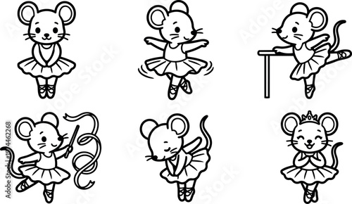 Cute ballet mouse in tutu dancing various ballet poses line art vector