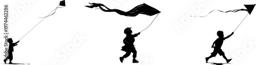 A childs silhouette stands alone against a stark white backdrop, holding aloft a kite that dances in the wind with crisp, high-contrast edges