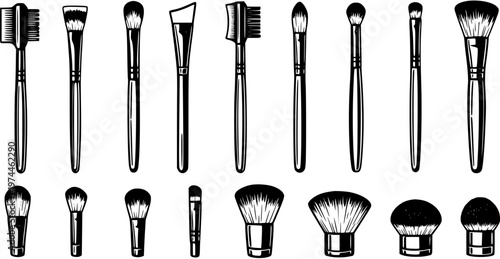 Black and White Line Art Illustration of Assorted Makeup Brushes