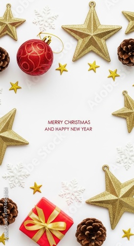 Christmas and New Year festive background with golden stars, red bauble, pine cones, and gift box on white, vertical frame for holiday greetings.