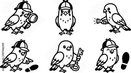 Black and white detective bird with magnifying glass flashlight key and footprint vector art