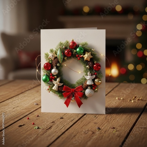 Christmas Card with Festive Wreath on Wooden Table.