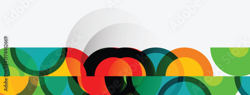 Abstract composition featuring overlapping colorful circles, creating dynamic visual texture. White background enhances vibrant hues.