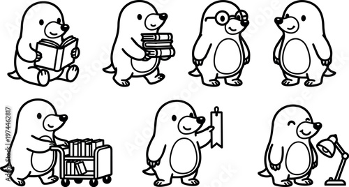 Cute mole reading books pushing book cart holding bookmark and standing by lamp vector art