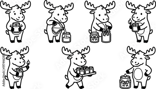 Black and white line art moose pouring jar holding candle lighting wick illustration