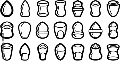 Black and White Line Art Icons of Makeup Sponges and Cosmetic Applicators