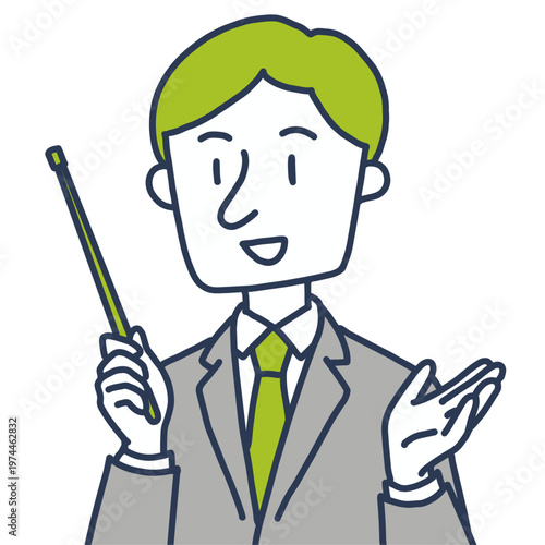 指示棒を持って解説するビジネスマン 笑顔の男性 上半身 イラスト シンプル 白背景