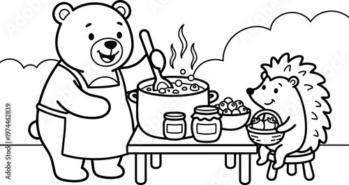 Bear cooking porridge with hedgehog holding basket of fruit at table line art