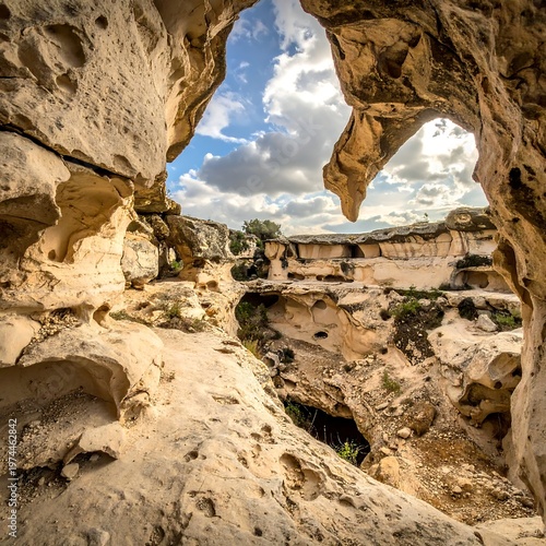 A photograph looking out from a natural stone archway, showing a sunlit landscape with eroded rock formations under a cloudy sky