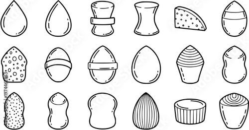 Black and White Line Art Collection of Makeup Sponges and Applicators, Beauty Tools