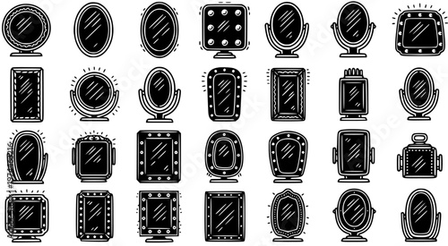 Black and White Line Art Collection of Various Mirrors, Beauty and Fashion Objects