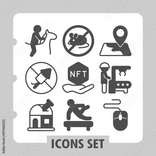 Set of nine monochrome glyph icons depicting nft, sports, manufacturing, security and technology concepts. Ideal for web design, presentations and print on white background.