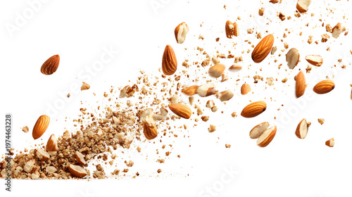 Scattered almonds and nut fragments on transparent background