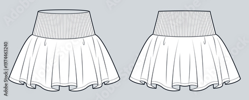 Women Mini Skirt Fashion Flat Technical Drawing Template Featuring Wide Rib Waistband Flared Hem Soft Volume and Front Back Views