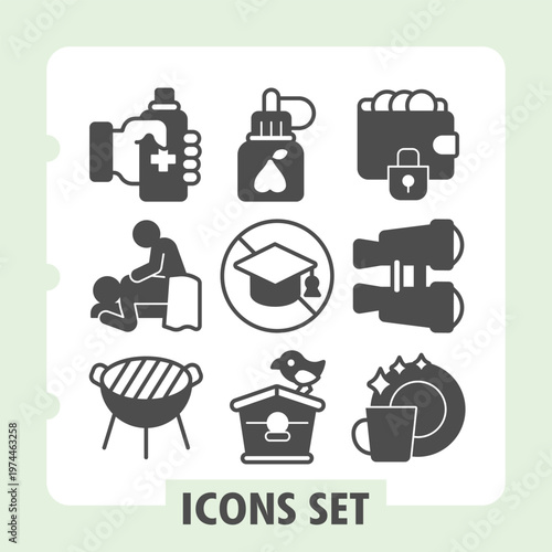 Clean and modern set of nine icons showcasing travel, camping, outdoor gear and activities concepts. Ideal for web design, presentations and print on white background.