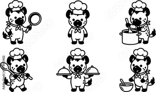 Black and white line art cute hyena chef cooking with utensils and serving dishes