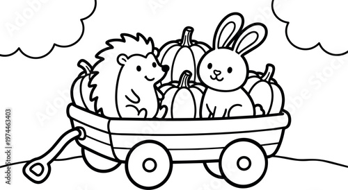Black and white line art hedgehog and rabbit sitting in wagon with pumpkins outdoors