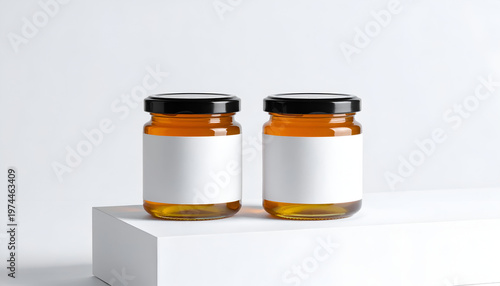 Two honey jars with blank labels sit on a white pedestal against a plain background