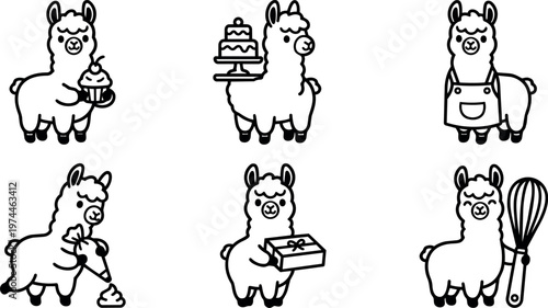 Black and white line art six cute llamas holding bakery items and gifts