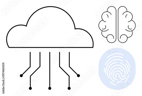 Artificial intelligence, cloud computing, data storage, biometrics, cybersecurity, digital identity. a cloud, brain and fingerprint graphics. AI and cloud computing concept