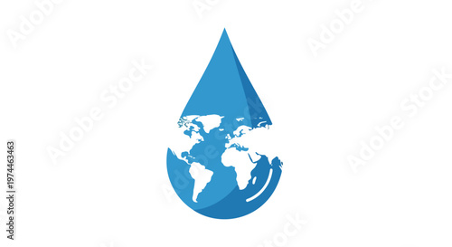 Blue water drop with a stylized world map inside representing global water resources and conservation concept