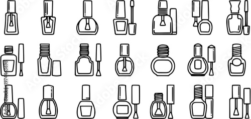 Black and white line art icons of various nail polish bottles and applicators, beauty and cosmetics concept