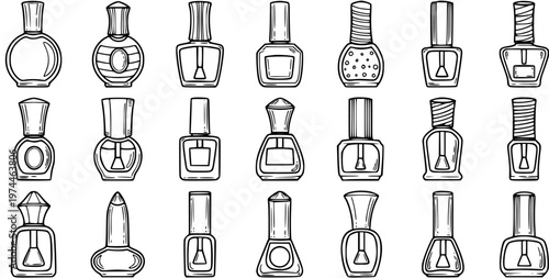 Beauty Cosmetics Nail Polish Bottles Line Art Icon Set. Hand-drawn Black and White Nail Varnish Lacquer Outlines for Manicure, Pedicure, and Fashion Industry.