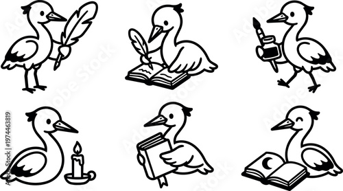 Black and white line art bird holding feather pen ink bottle candle and book illustrations