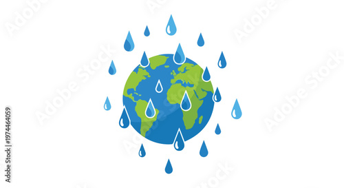Stylized illustration of planet Earth receiving refreshing rain drops symbolizing global water conservation