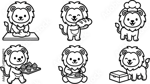 Black and white line art cute lion baking bread cupcakes and whisking dough