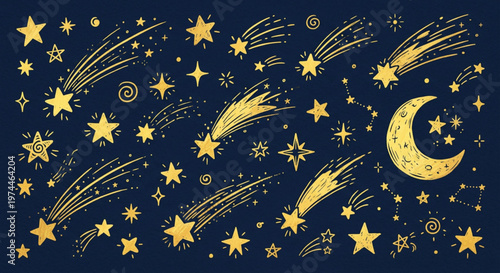 Hand-drawn celestial vector set featuring sparkling stars, shooting stars, crescent moon, and constellations on a dark background