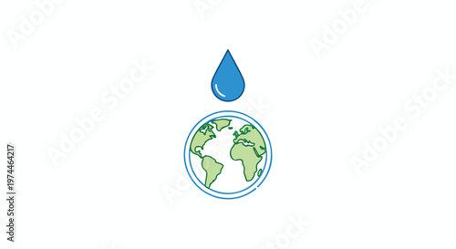 A single blue water drop falling from above onto a stylized globe representing earth's water resources