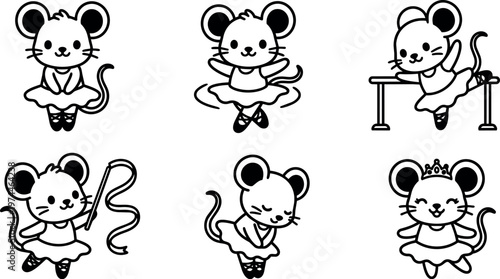 Cute mouse ballerina dancing and practicing ballet moves