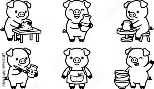 Cute pig character making pottery wheel throwing shaping clay with apron and smiling