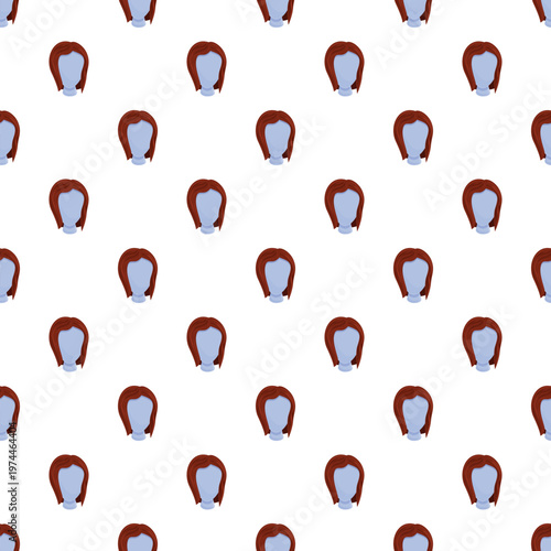 Mannequin heads displaying brown wigs creating a repeating pattern