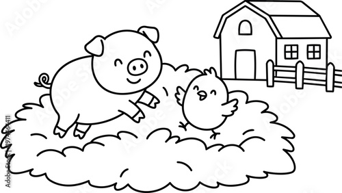 Happy pig and chick sitting on hay with farm barn line art