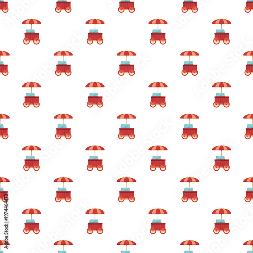 Seamless repeating pattern featuring red food carts with umbrellas on a white background