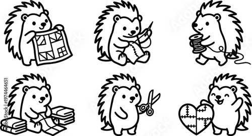 Cute cartoon hedgehogs sewing quilting and crafting with scissors and heart patch vector art