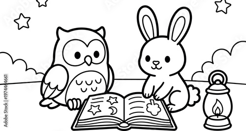 Black and white line art owl and rabbit reading book under stars with lantern
