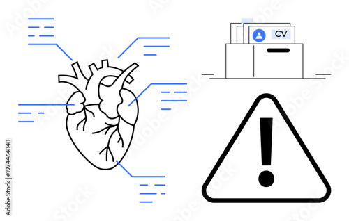 Human heart concept. Human heart diagram linked to data points, warning symbol, and digital CV folder healthcare, career decisions, and caution. Usage medical data, HR, caution signs education