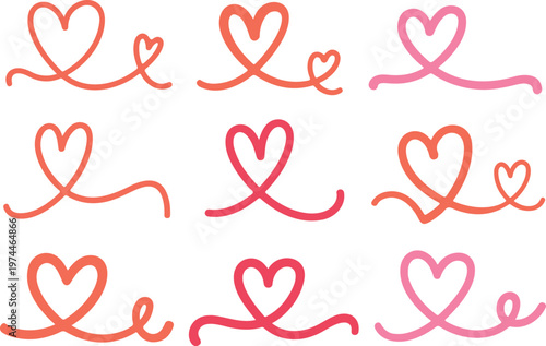 Set of colorful hand drawn heart swirls and romantic divider elements, cute love doodle collection for wedding and valentine design