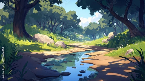 A serene forest stream meanders through a sun-dappled woodland path with lush green grass and trees